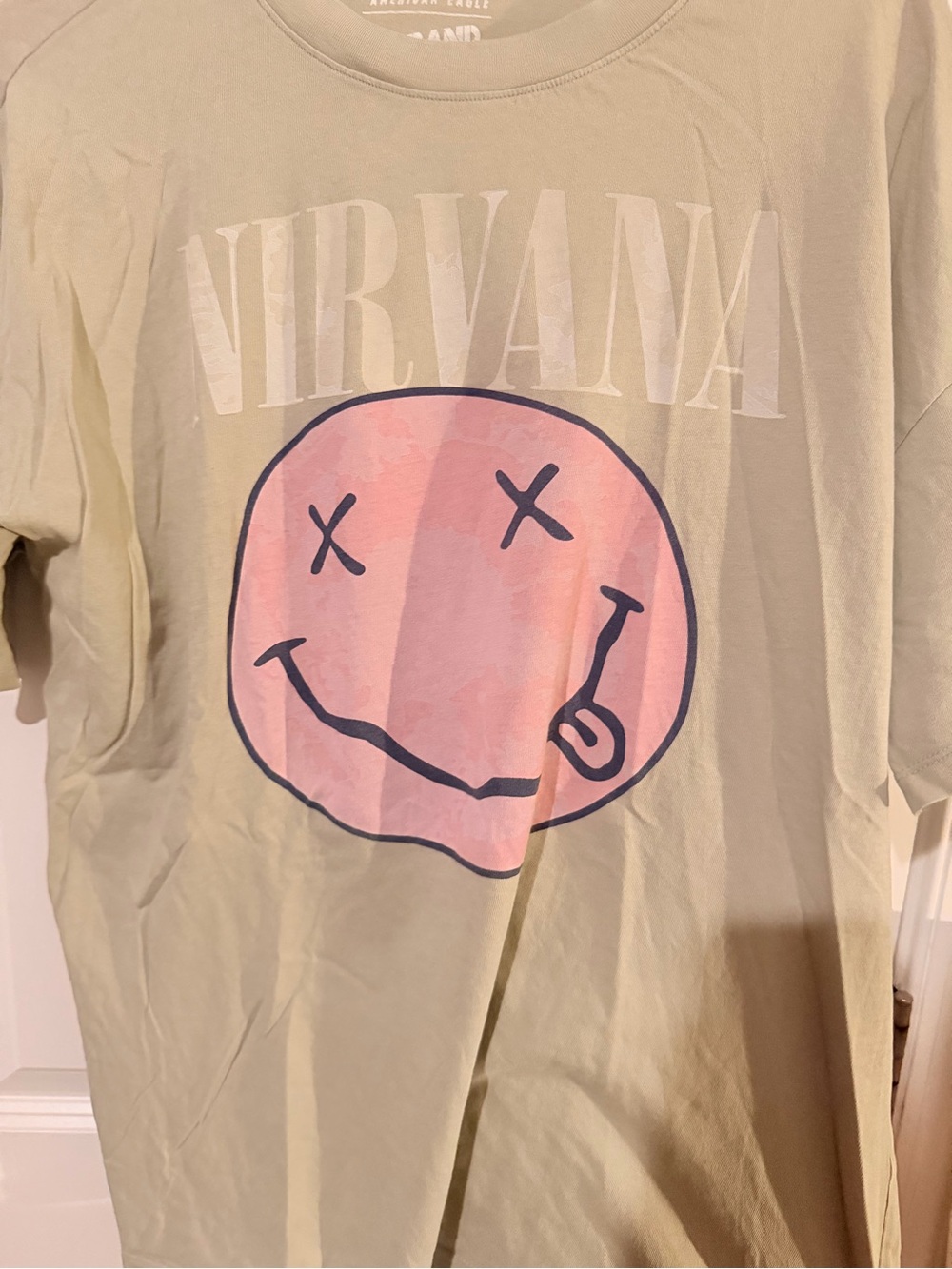 American Eagle Light Sage Green Band Tee with Pink Tag